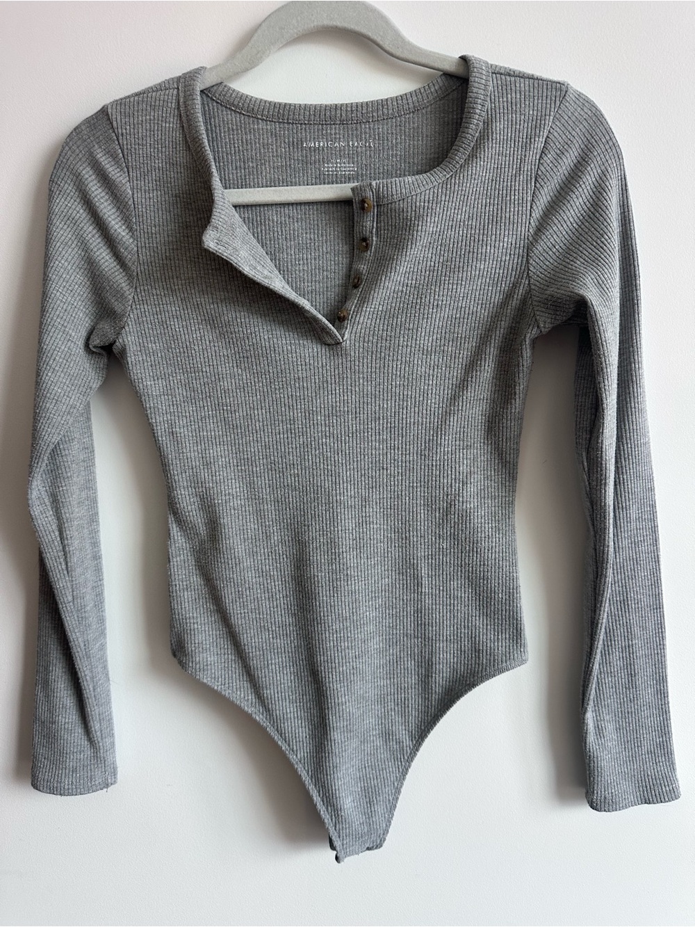 American Eagle Outfitters Light Gray Ribbed Henley Long-Sleeve Bodysuit